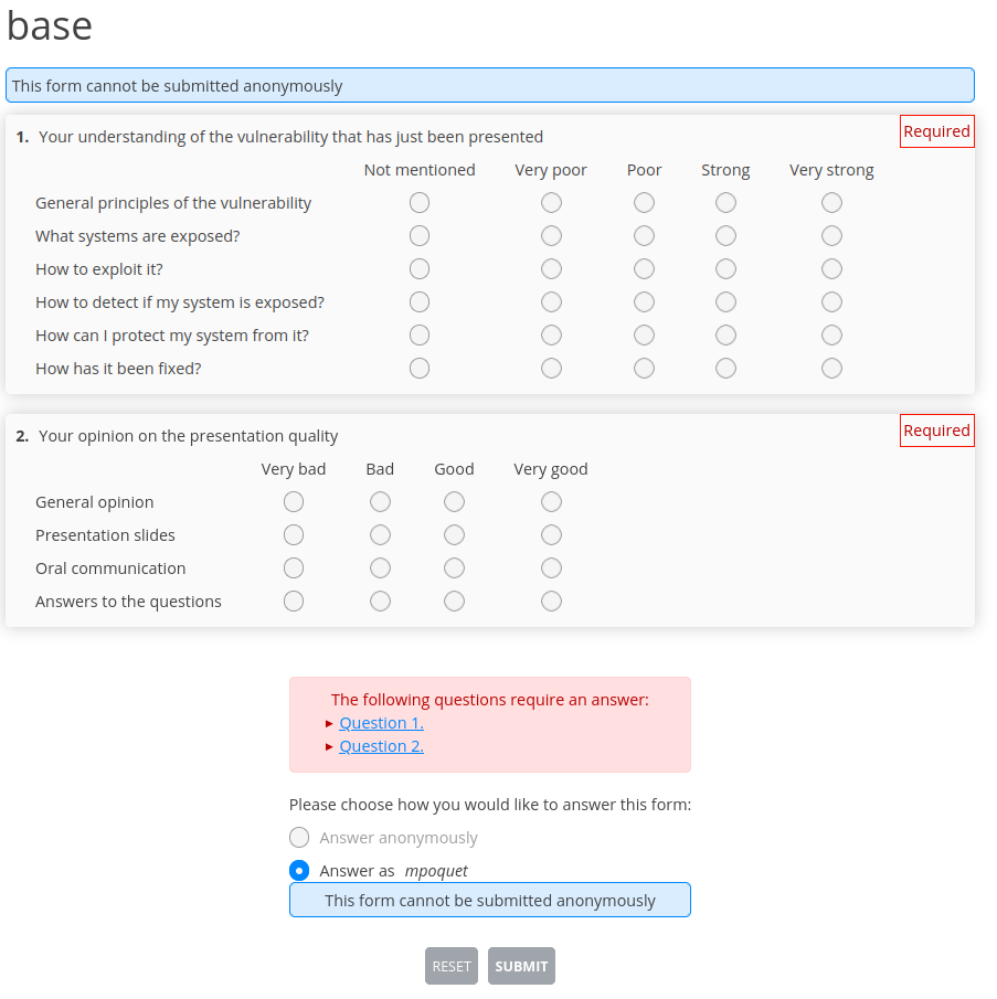 Interface to fill the base questionnaire