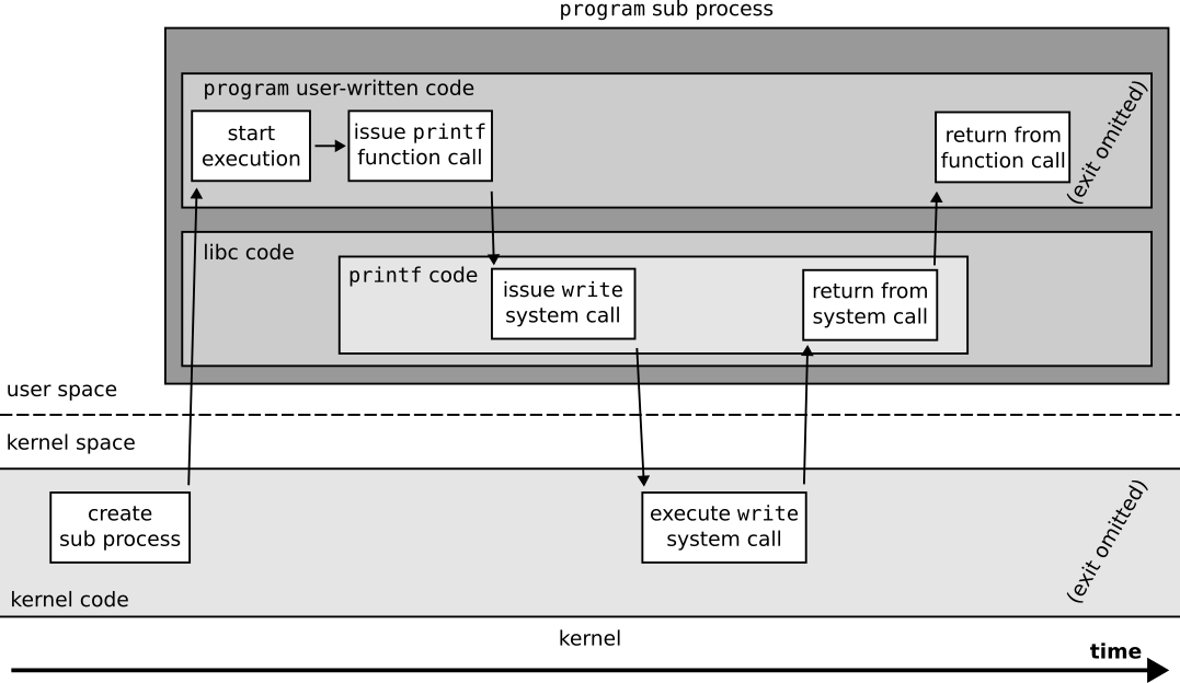 Figuration of the system calls done by a ``program`` sub process that ``write`` messages.